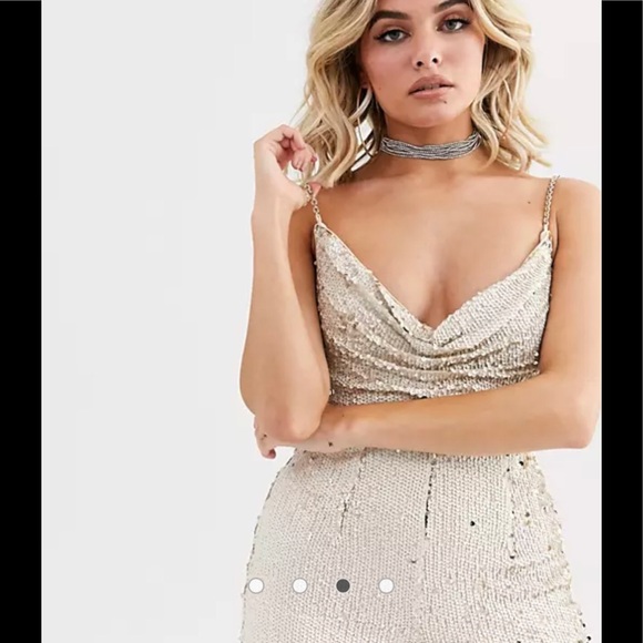 Rare London cowl front sequin jumpsuit with chain strap detail in light gold. - Picture 2 of 3